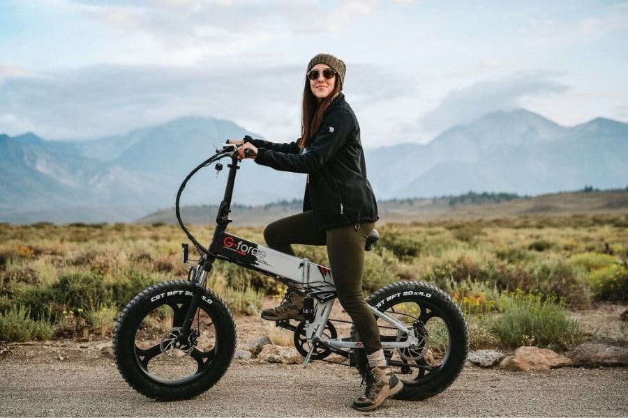 Girl on folding electric bike